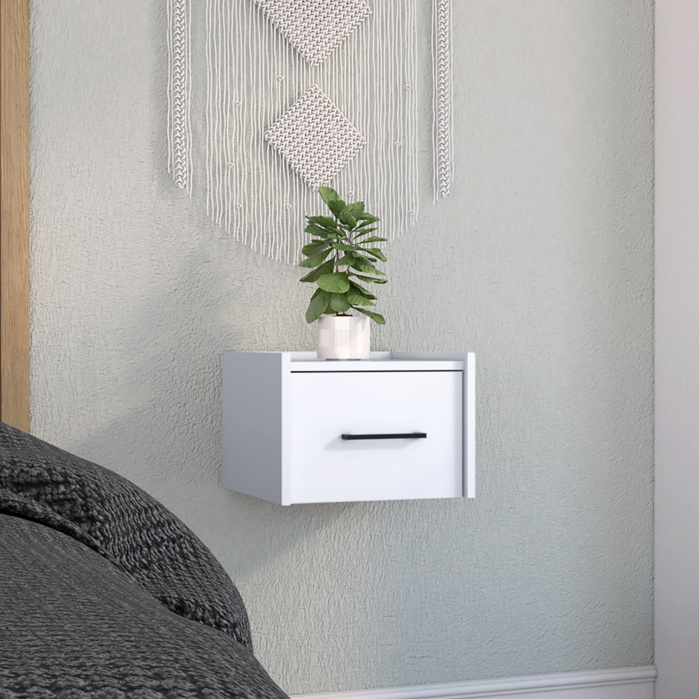 Boa Floating Nightstand, Wall-Mounted Single Drawer Design with Handle- White - Bedroom