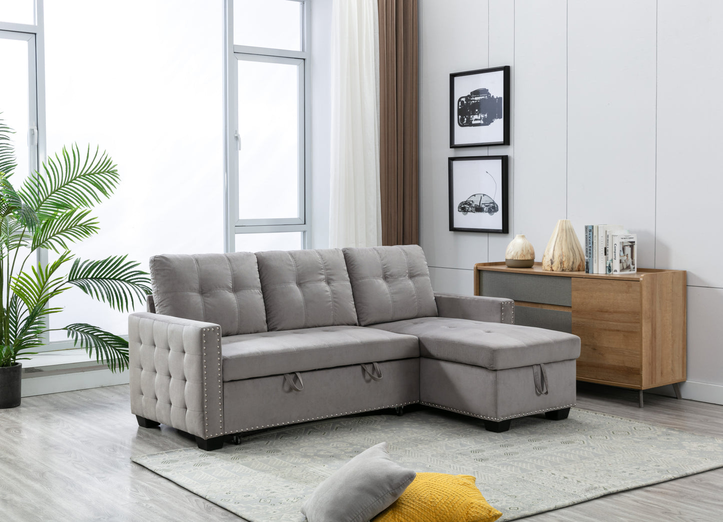 77 Inch Light Grey Reversible Sectional Sleeper Sofa Bed with Storage Chaise