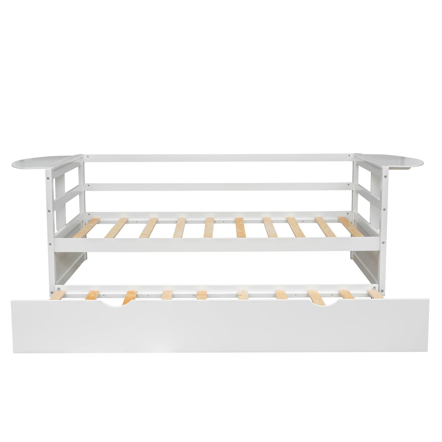 Twin Size Daybed with Trundle and Foldable Shelves on Both Sides,White