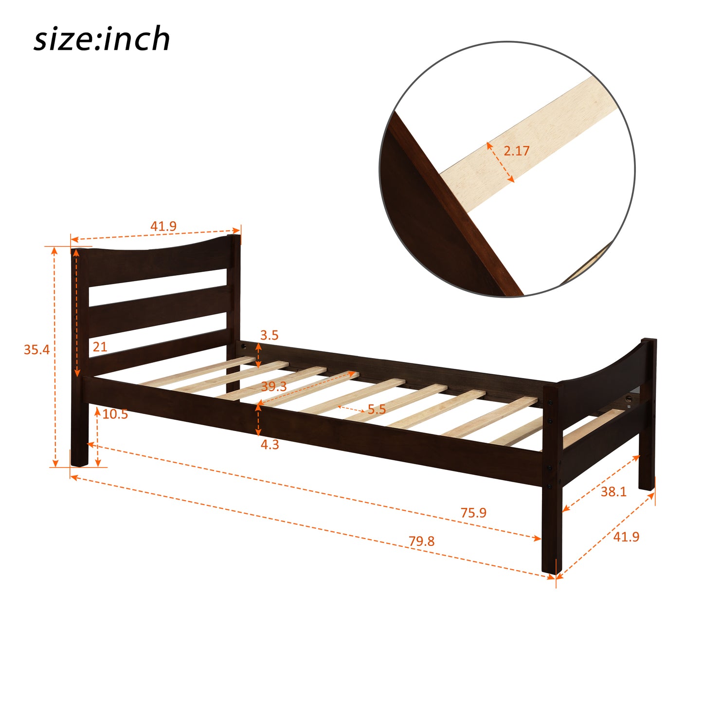 Twin Size Wood Platform Bed with Headboard and Wooden Slat Support (Espresso)