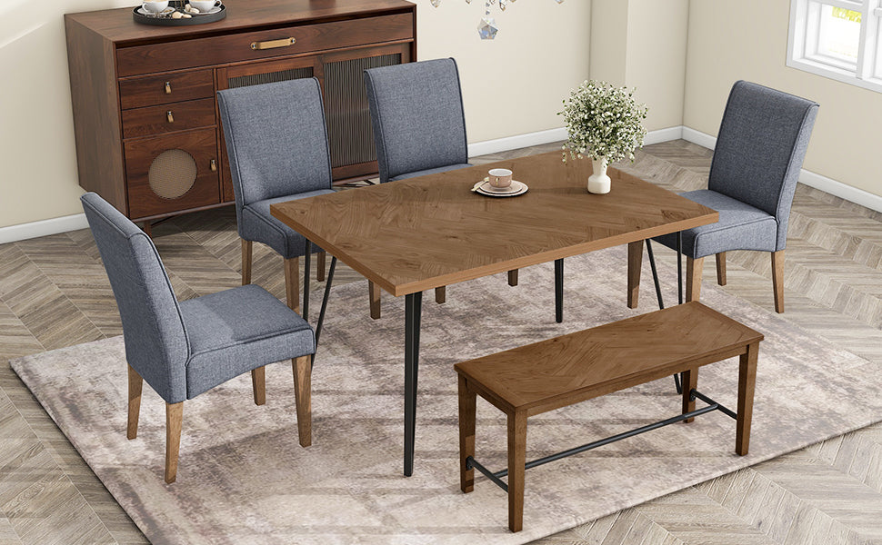 Modern 6-Piece Dining Table Set with V-Shape Metal Legs, Wood Kitchen Table Set with 4 Upholstered Chairs and Bench for 6,Brown