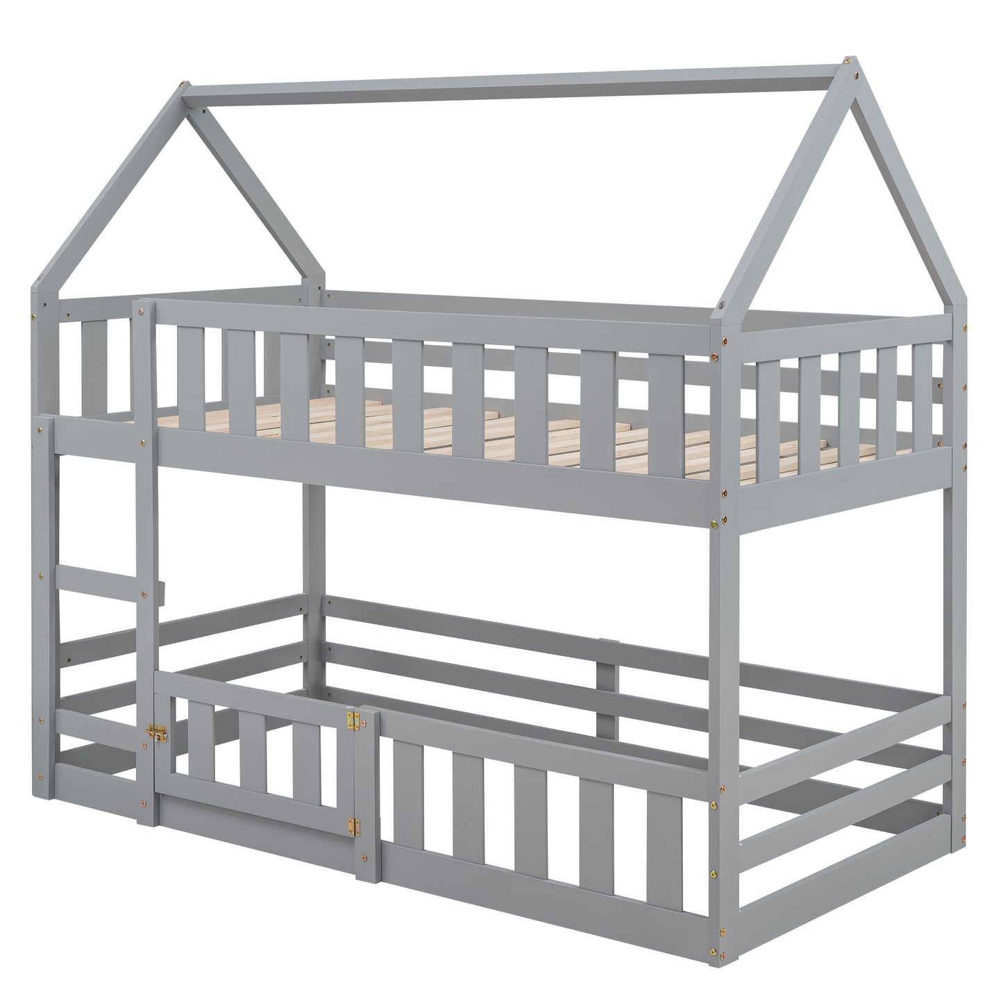 Twin House Bunk Bed with Gray Fence and Door