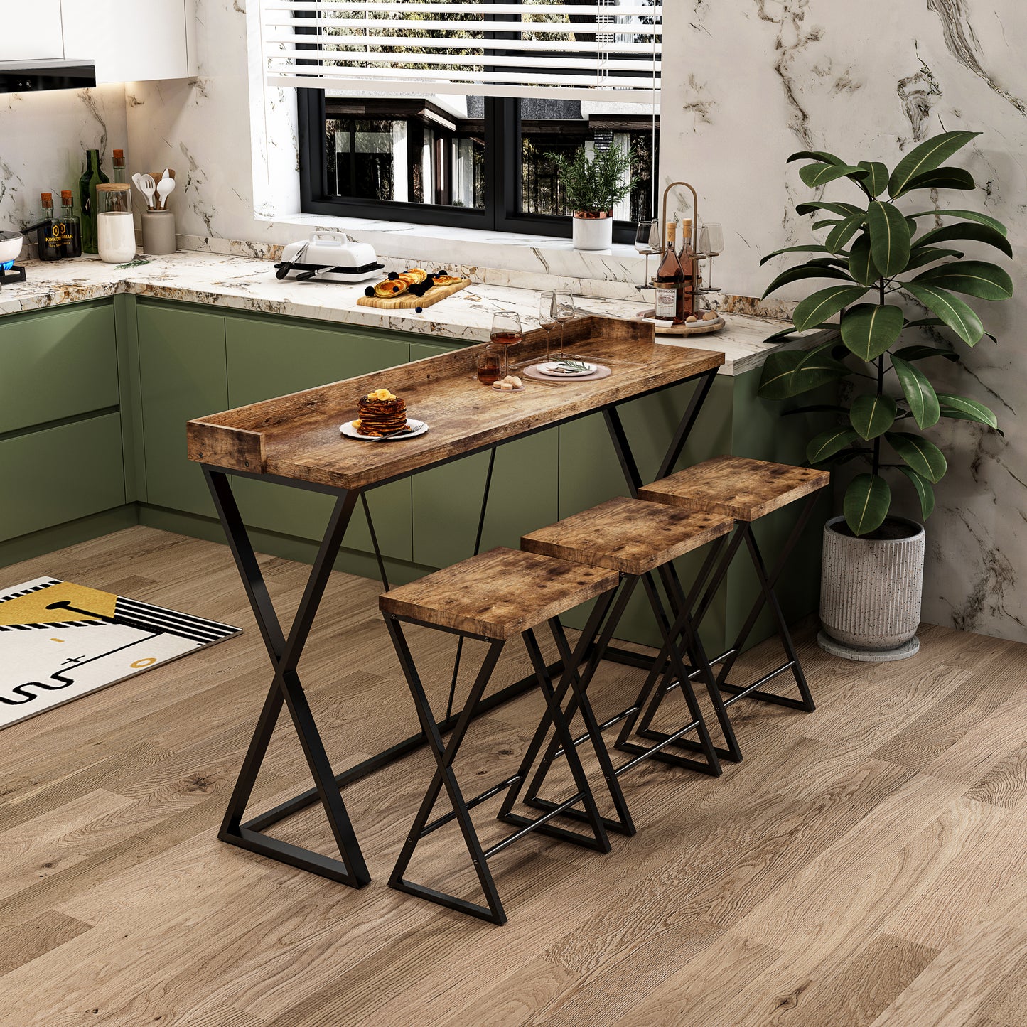 Modern Design Kitchen Dining Table, Pub Table with X-Shaped Table Legs, Long Dining Table Set with 3 Stools, Easy Assemble, Natural