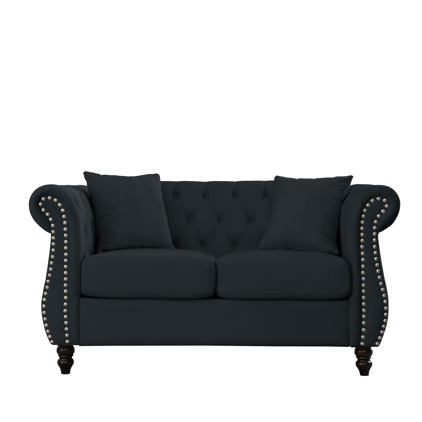 Chesterfield Sofa in Black Velvet with Rolled Arms and Nailhead Trim