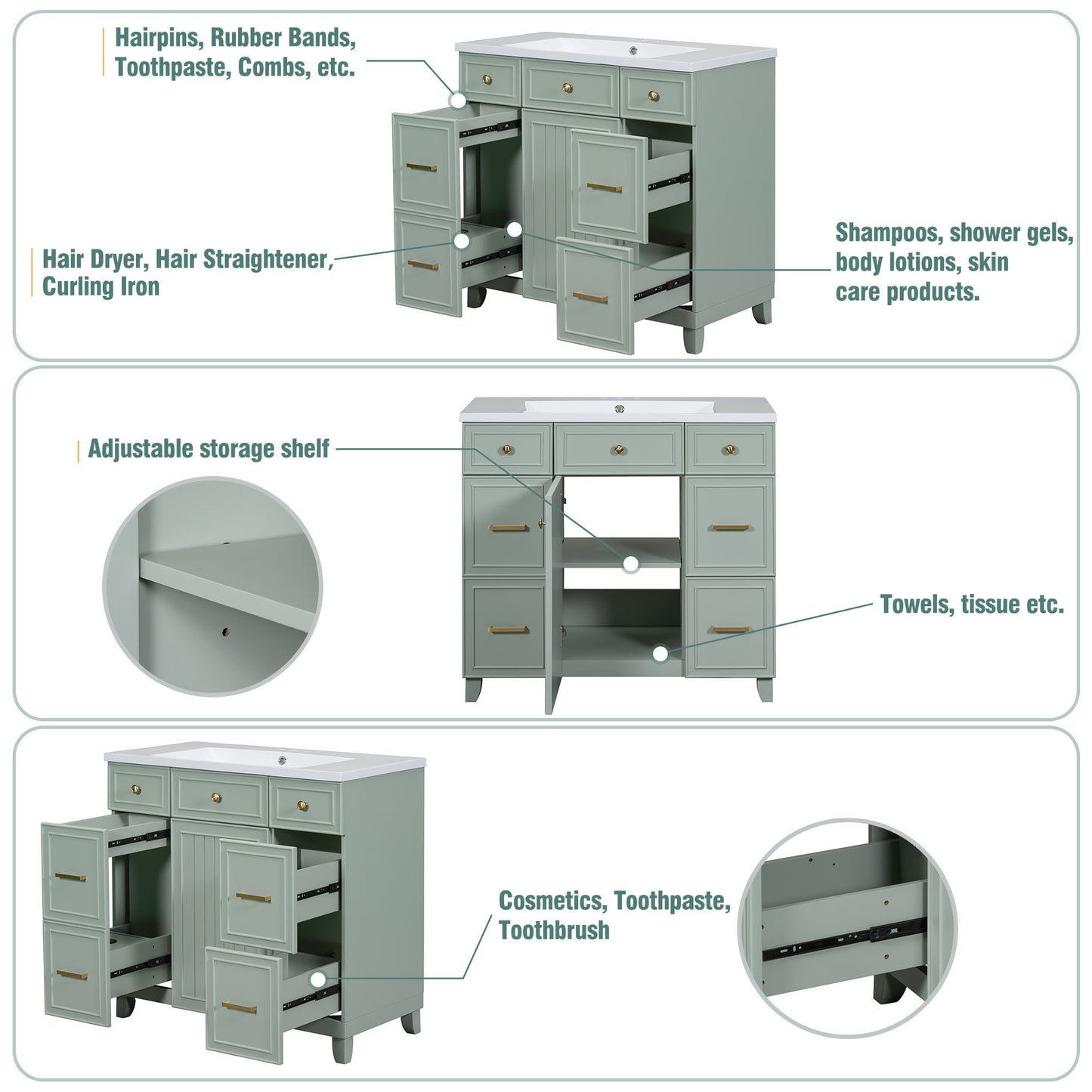 36" Bathroom Vanity Cabinet with Sink Top Combo Set, Green, Single Sink, Shaker Cabinet with Soft Closing Door and Drawer