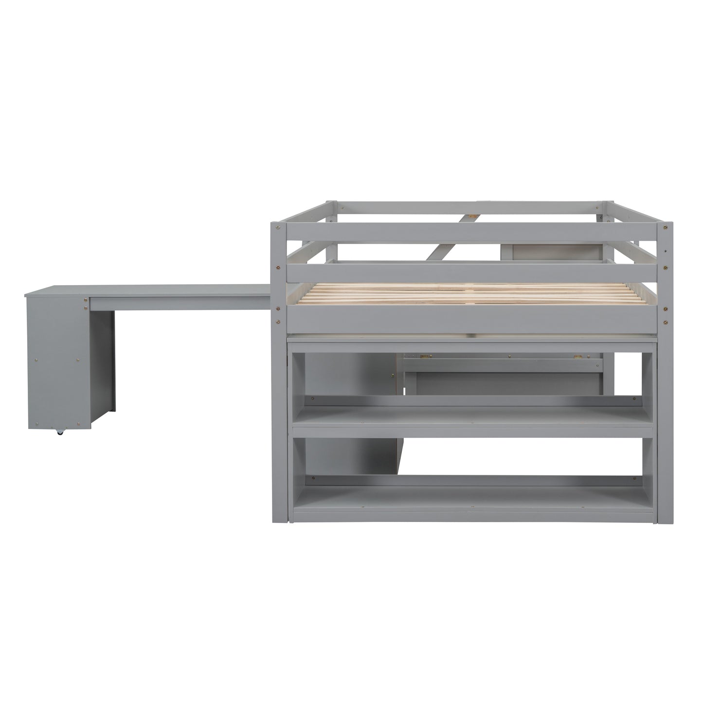 Full Size Loft Bed with Retractable Writing Desk and 3 Drawers, Wooden Loft Bed with Storage Stairs and Shelves, Gray