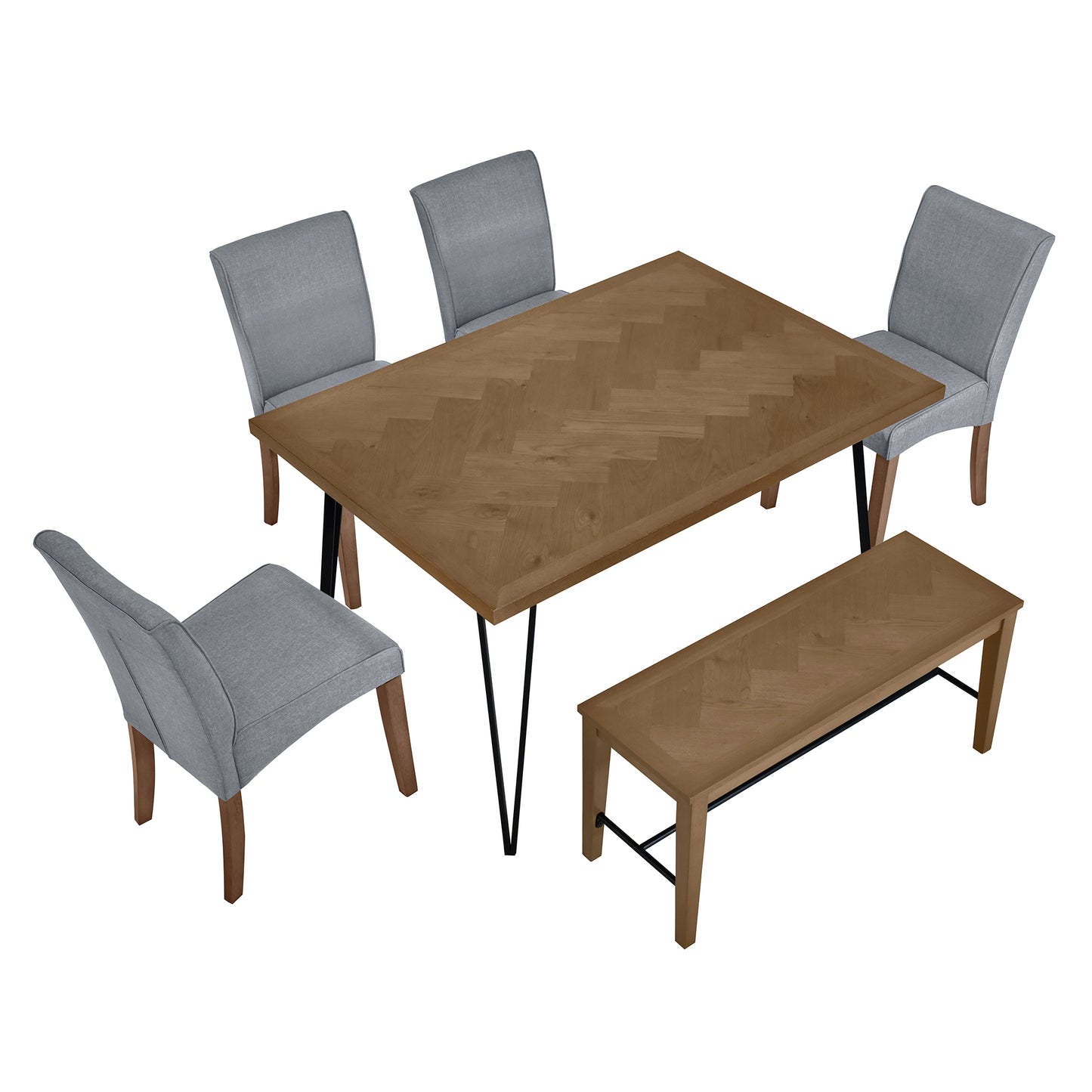 Modern 6-Piece Dining Table Set with V-Shape Metal Legs, Wood Kitchen Table Set with 4 Upholstered Chairs and Bench for 6,Brown