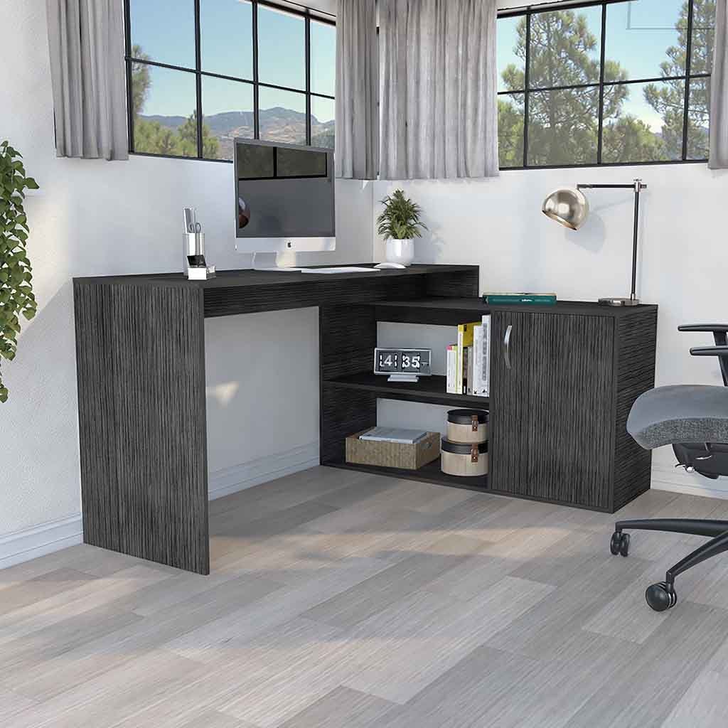 Sleek L-Shaped Desk with Ample Storage in Smokey Oak Color