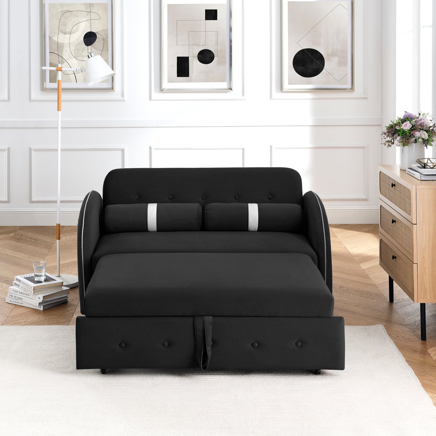 Modern 55.5" Pull Out Sleep Sofa Bed 2 Seater Loveseats Sofa Couch with side pockets, Adjsutable Backrest and Lumbar Pillows for Apartment Office Living Room