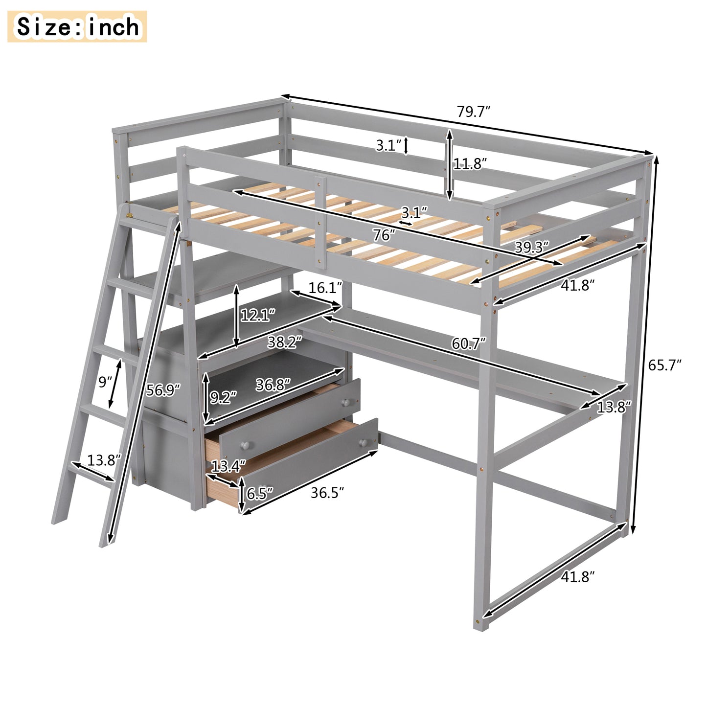 Twin Size Loft Bed with Desk and Shelves, Two Built-in Drawers, Gray(:GX000803AAE-1)