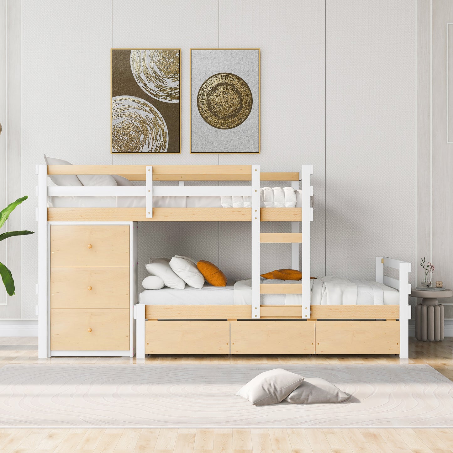 Natural Twin Loft Bunk Bed with Drawers, Ladder, and Dual Sleeping Space