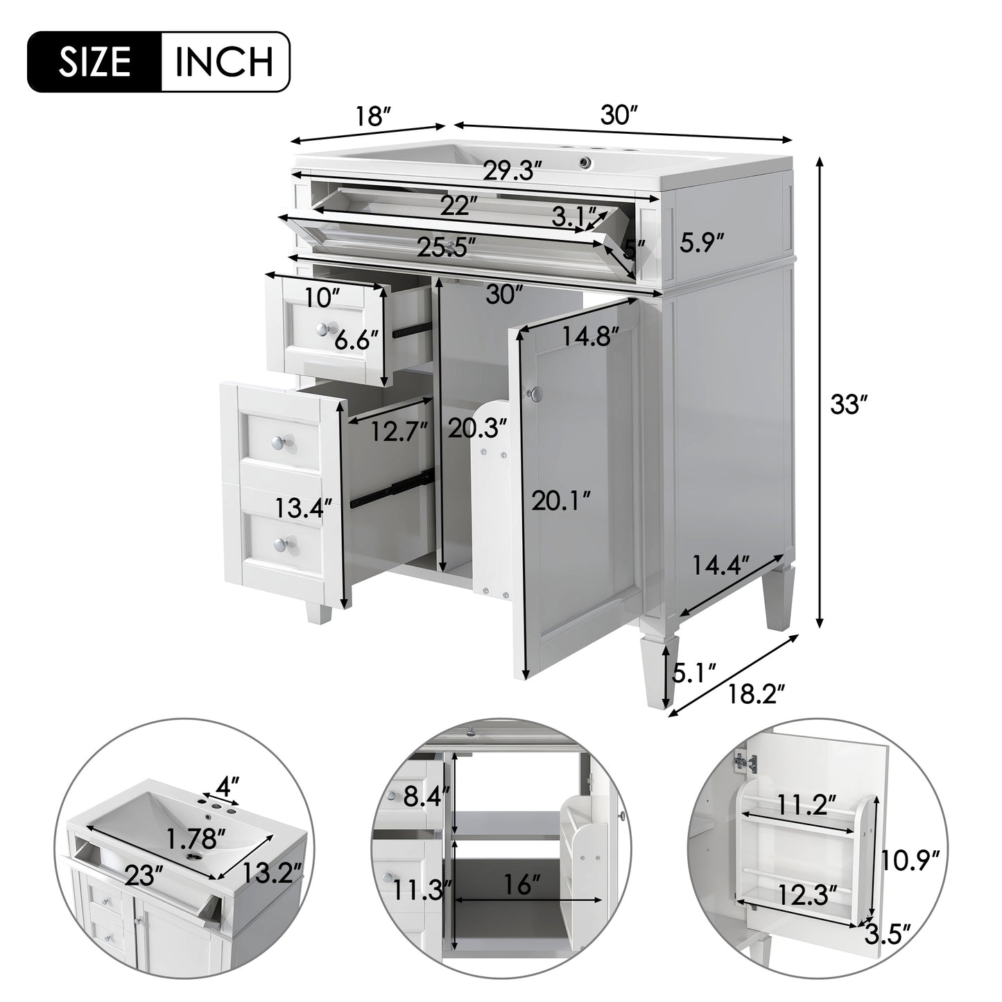 30'' Bathroom Vanity with Top Sink, Modern Bathroom Storage Cabinet with 2 Drawers and a Tip-out Drawer, Single Sink Bathroom Vanity