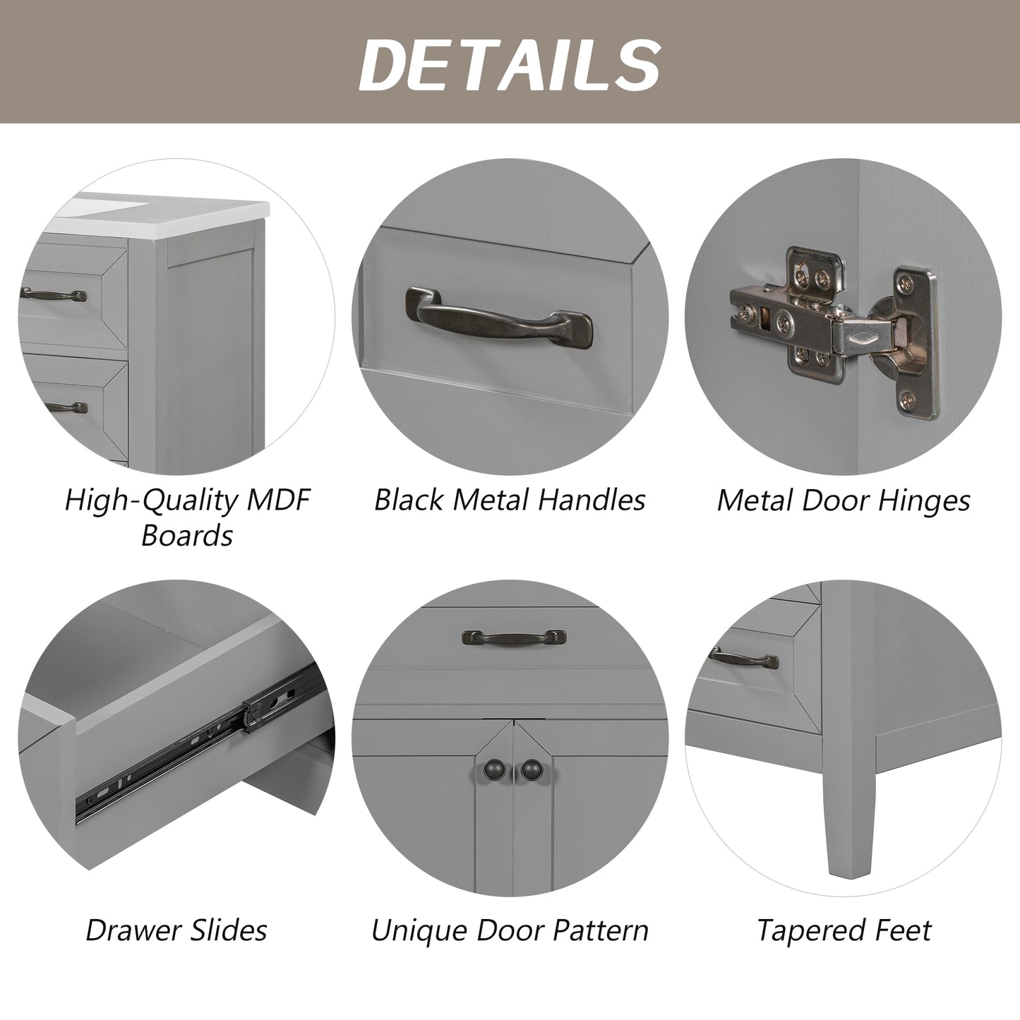 36" Bathroom Vanity without Sink, Cabinet Base Only, Bathroom Cabinet with Drawers, Solid Frame and MDF Board, Grey