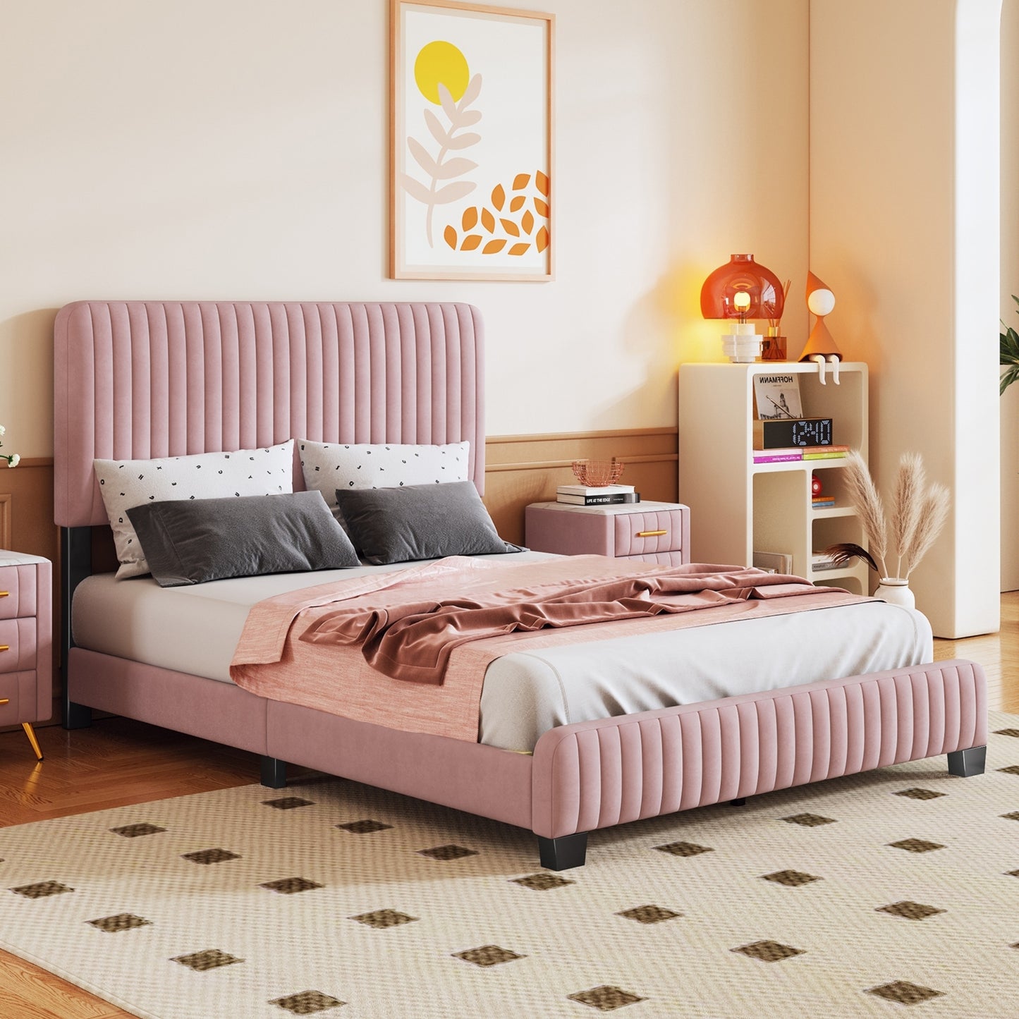 Full Size Upholstered Platform Bed,No Box Spring Needed, Velvet Fabric,Pink