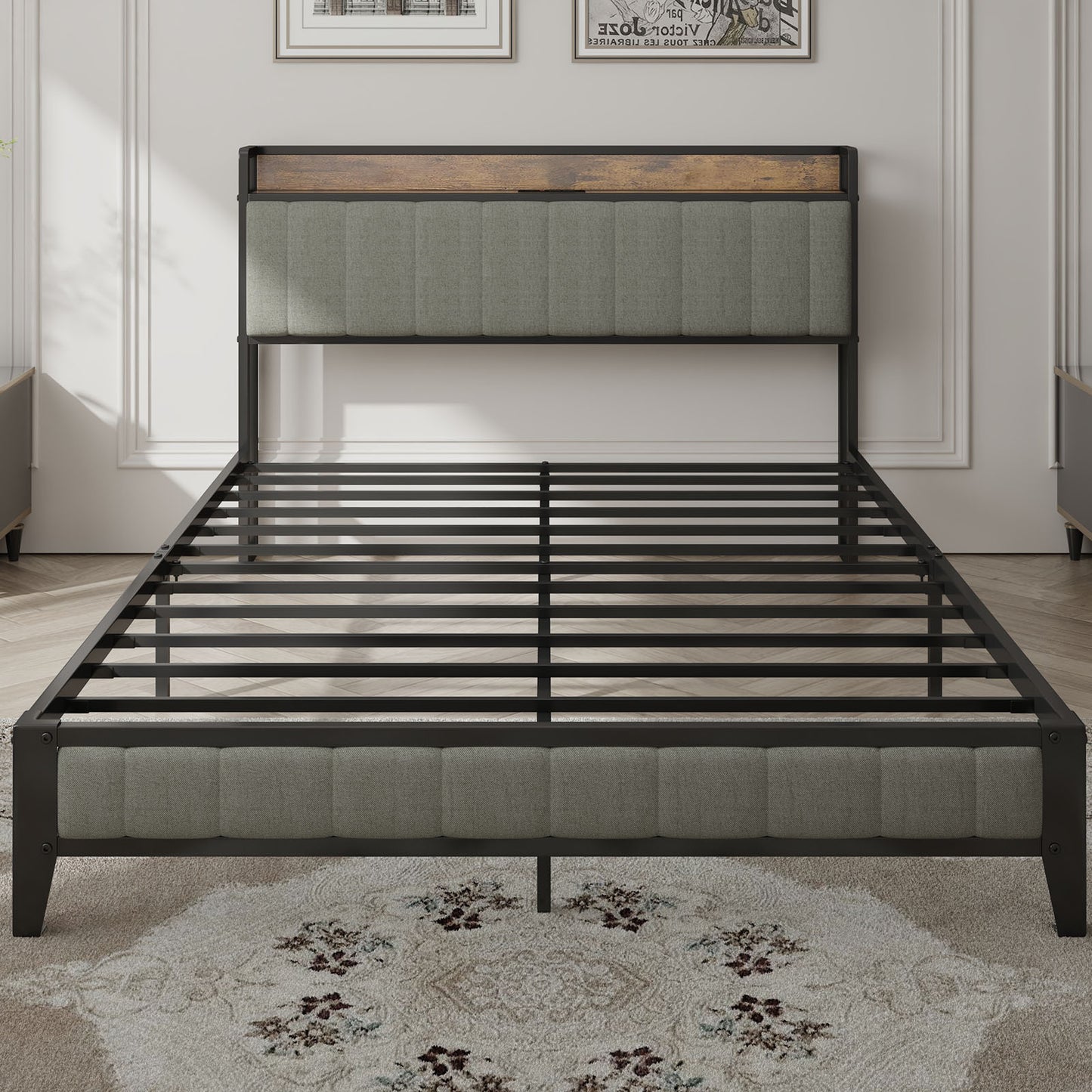 Queen Size Bed Frame with Charging Station, Upholstered Headboard, Metal Platform, Dark Grey