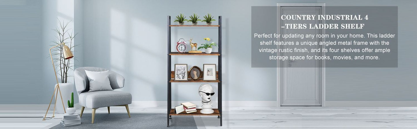 4-Tier Ladder Bookshelf Organizer, Rustic Brown Ladder Shelf for Home & Office, Wood Board & Metal Frame