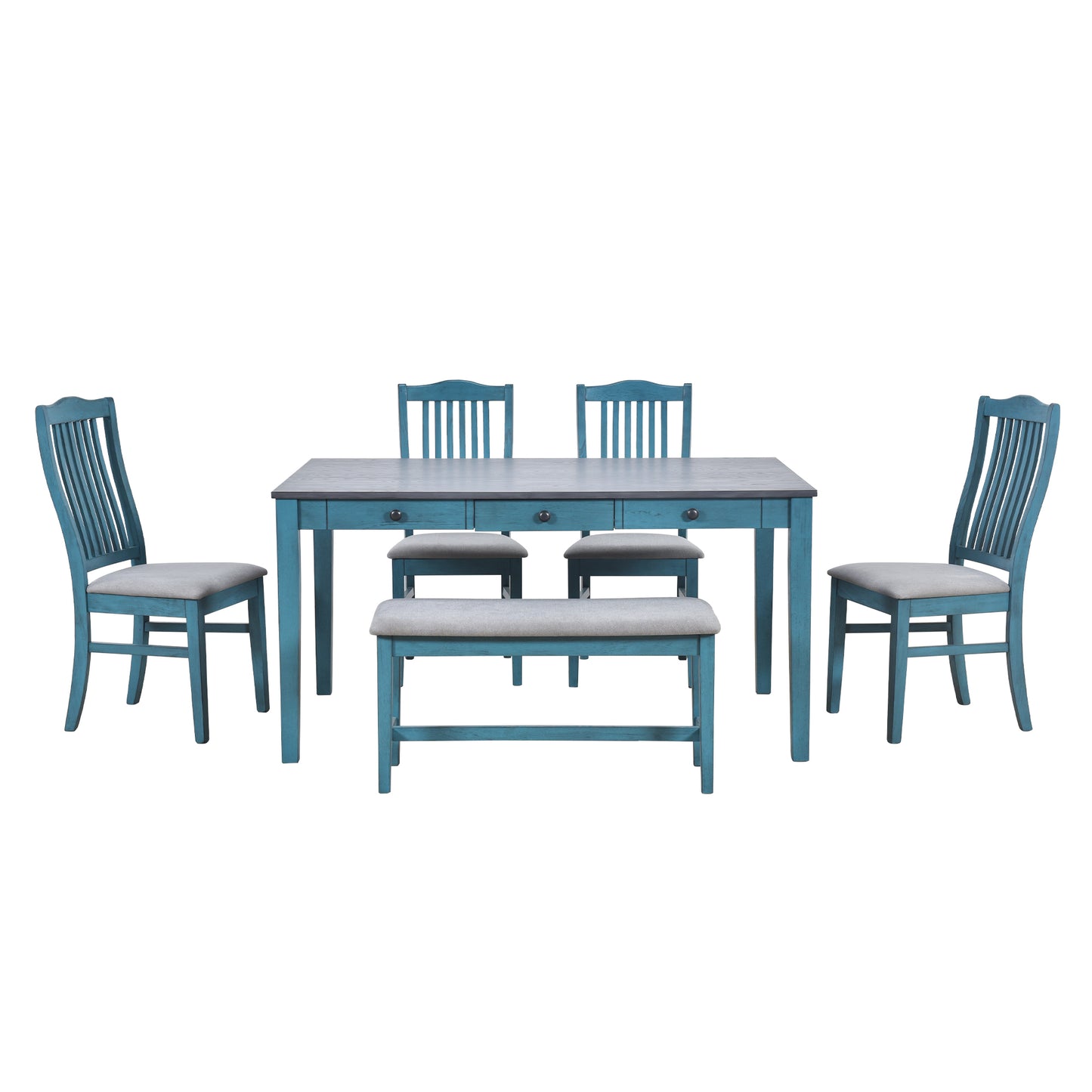 Mid-Century 6-Piece Wood Dining Table Set, Kitchen Table Set with Drawer, Upholstered Chairs and Bench, Antique Blue