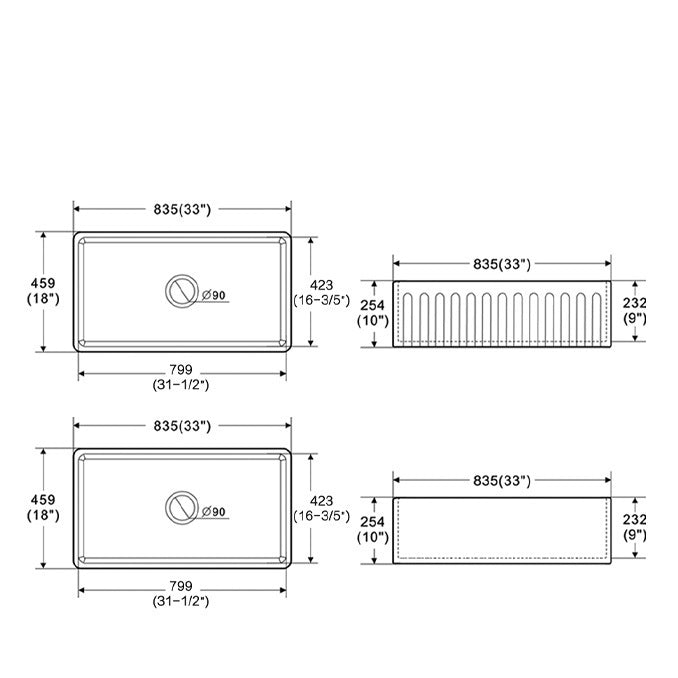 33-Inch White Fireclay Farmhouse Kitchen Sink with Grid and Strainer