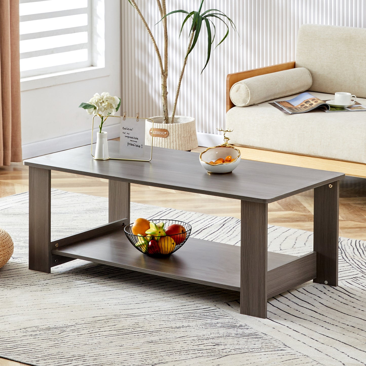 Gray Textured Double-Layered MDF Coffee Table - Sleek & Practical