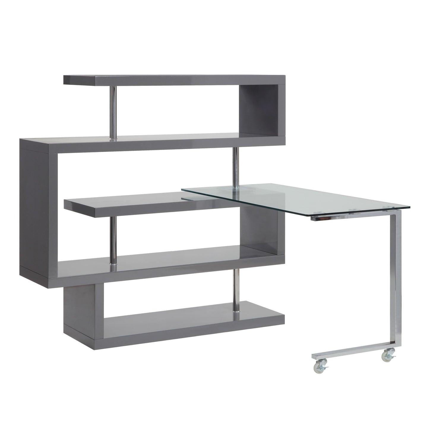 Versatile Glass Writing Desk with Swiveling Shelf and Gray Finish for Small Spaces