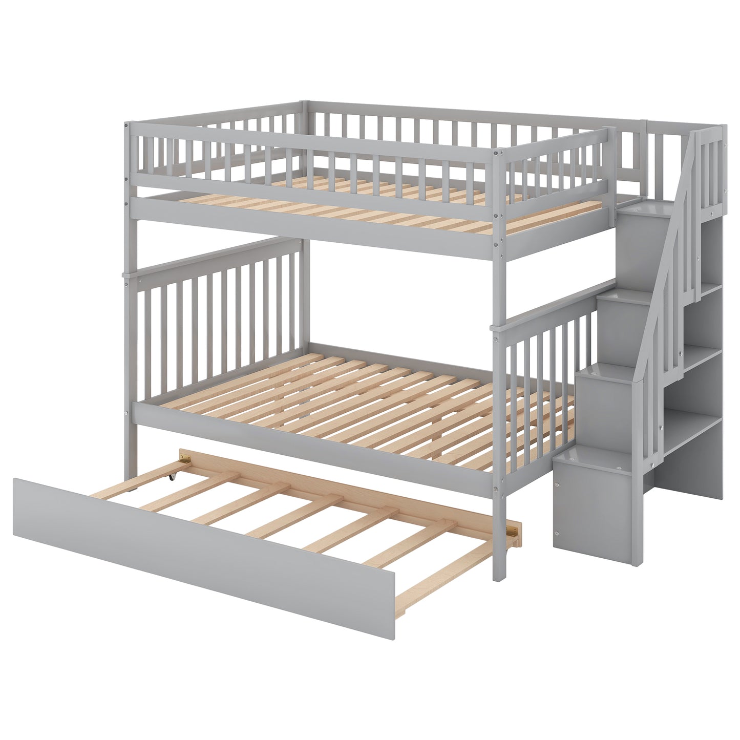 Gray Triple Sleeper Bunk Bed with Trundle and Staircase