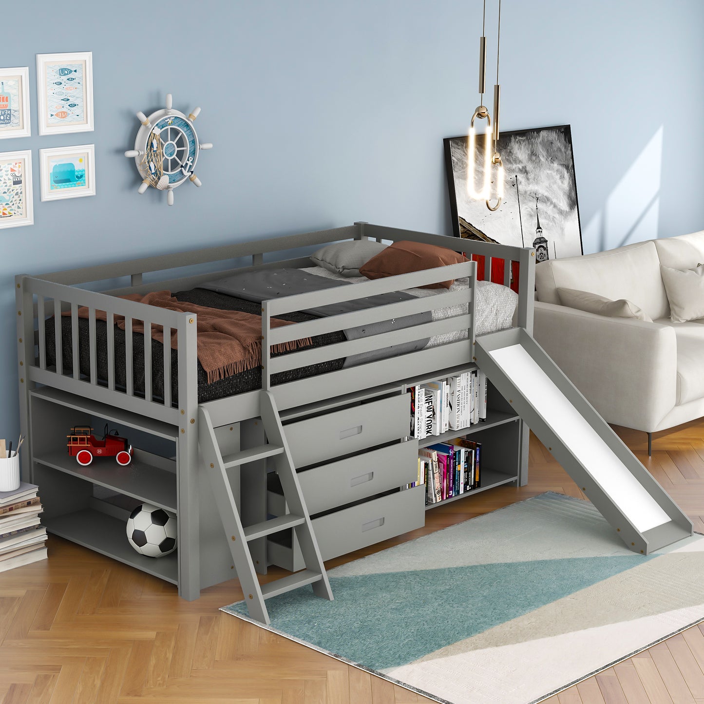 Low Loft Bed with Attached Bookcases and Separate 3-tier Drawers,Convertible Ladder and Slide,Twin,Gray