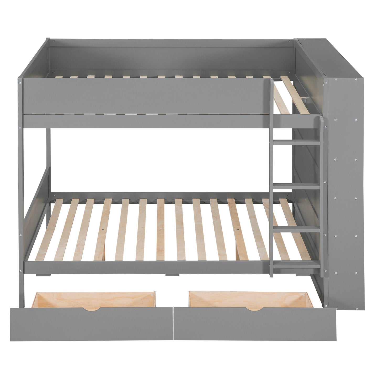 Gray Full over Full Bunk Bed with Storage Drawers and Cabinet for Kids