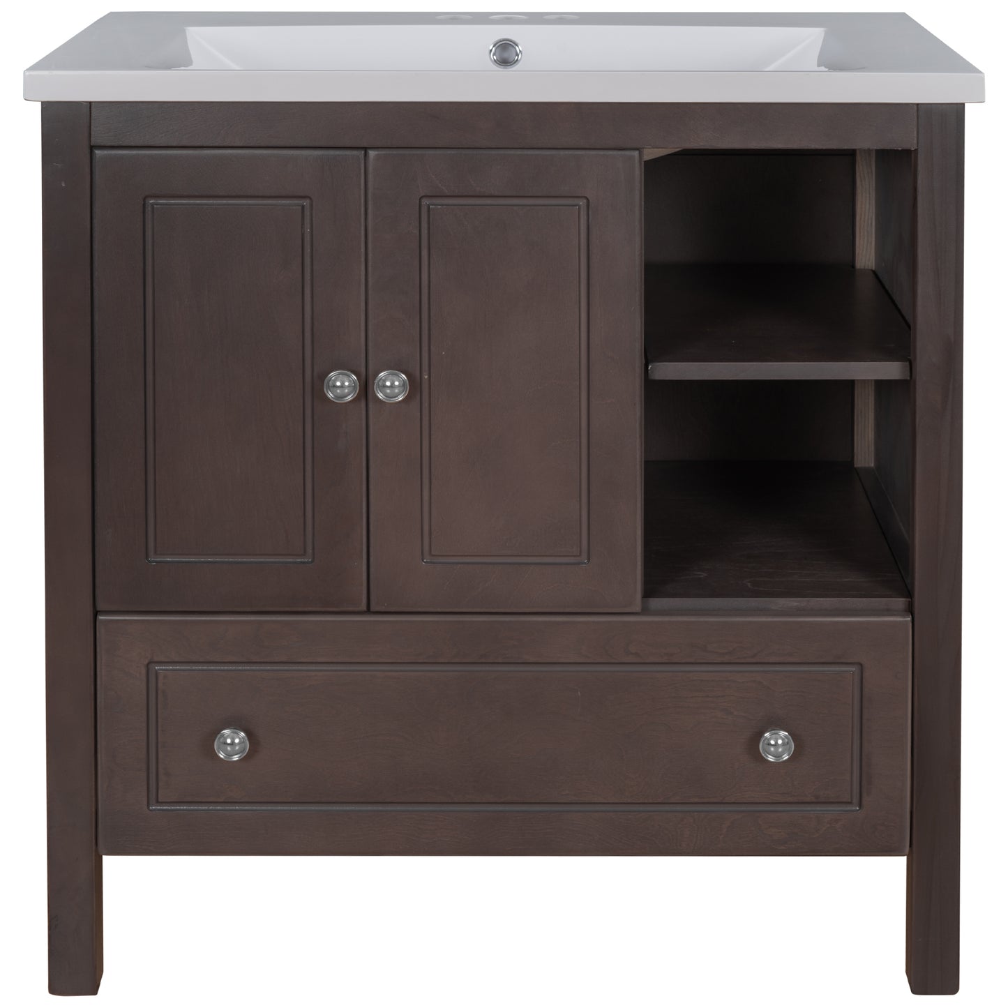 30" Bathroom Vanity with Sink, Bathroom Storage Cabinet with Doors and Drawers, Solid Wood Frame, Ceramic Sink, Brown