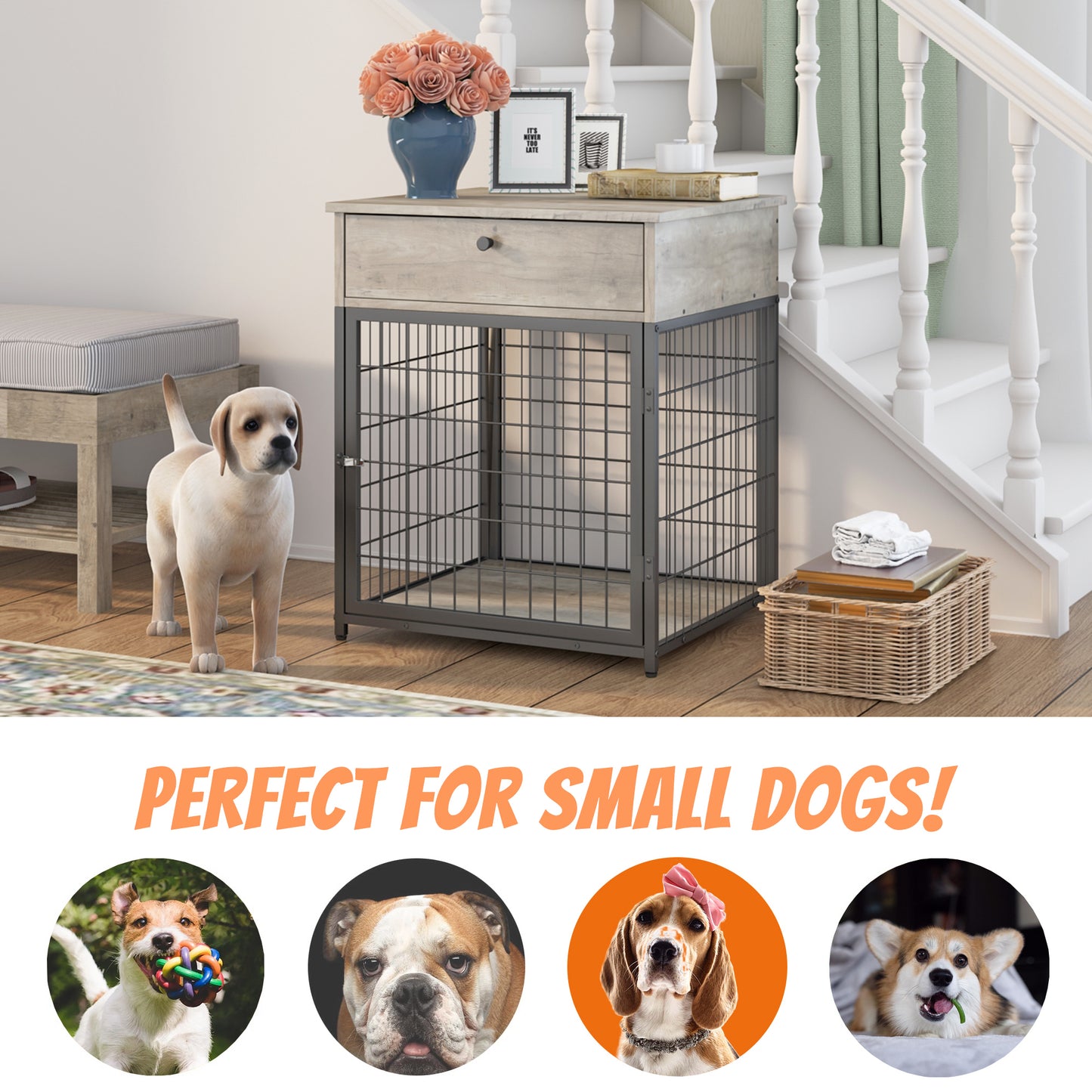 Furniture Style Wood Dog Crate End Table with Storage Console. Grey, 19.69'' W x 22.83'' D x 26.97'' H.