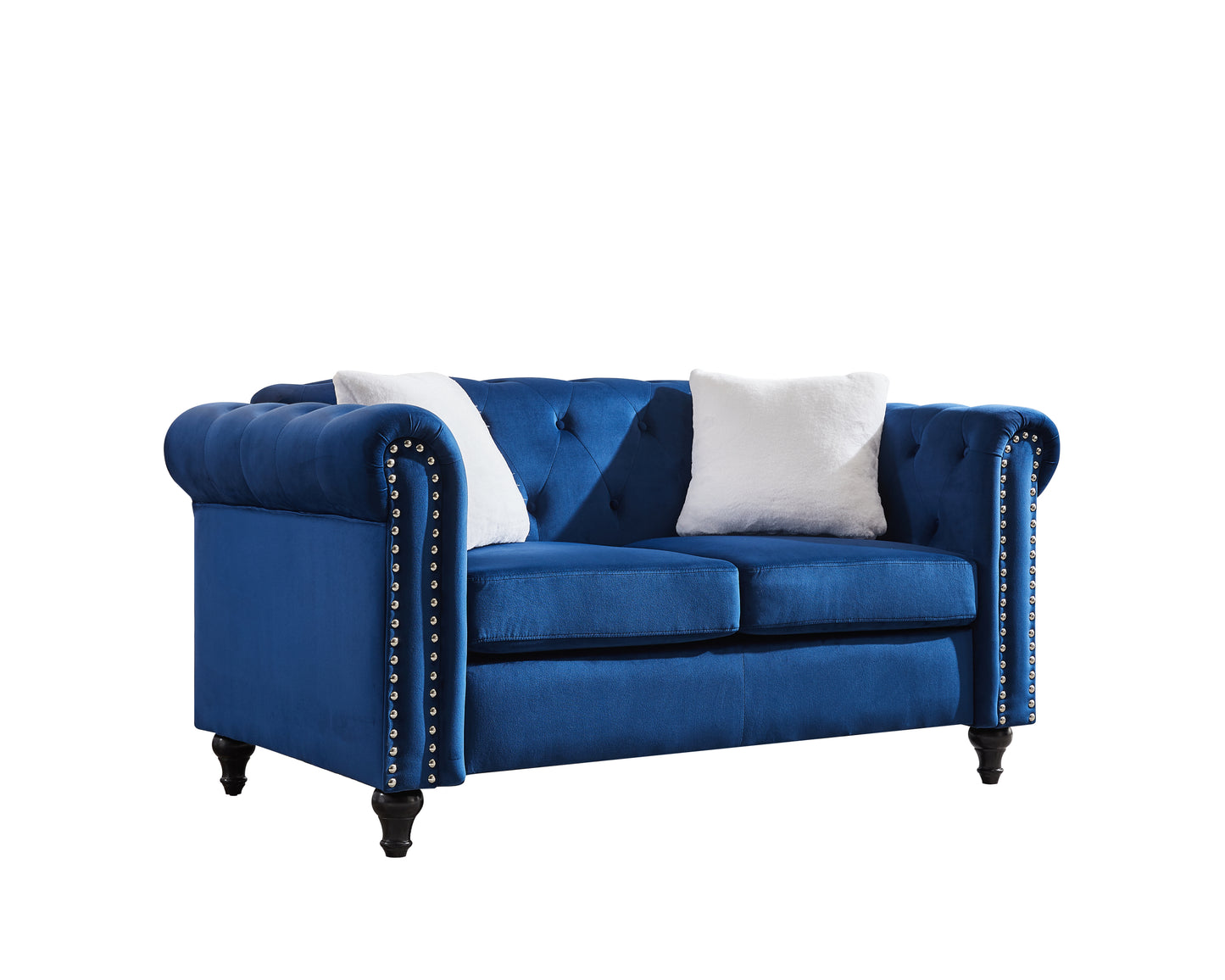 Blue Velvet 3 Piece Living Room Sofa Set with Button Tufting and Copper Nail Accents