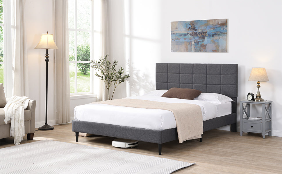 Full Size Platform Bed Frame with Fabric Upholstered Headboard and Wooden Slats, No Box Spring Needed/Easy Assembly, Grey