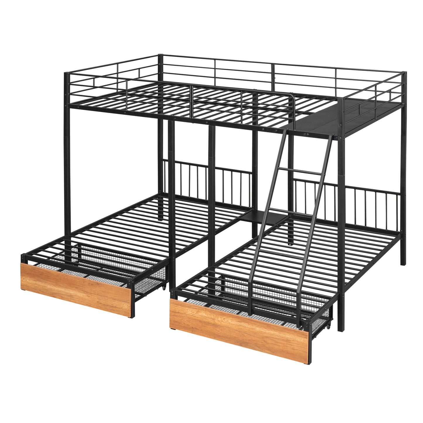 Black Metal Triple Bunk Bed with Storage and Safety Features - Space-Saving Full over Twin & Twin Bunk Bed