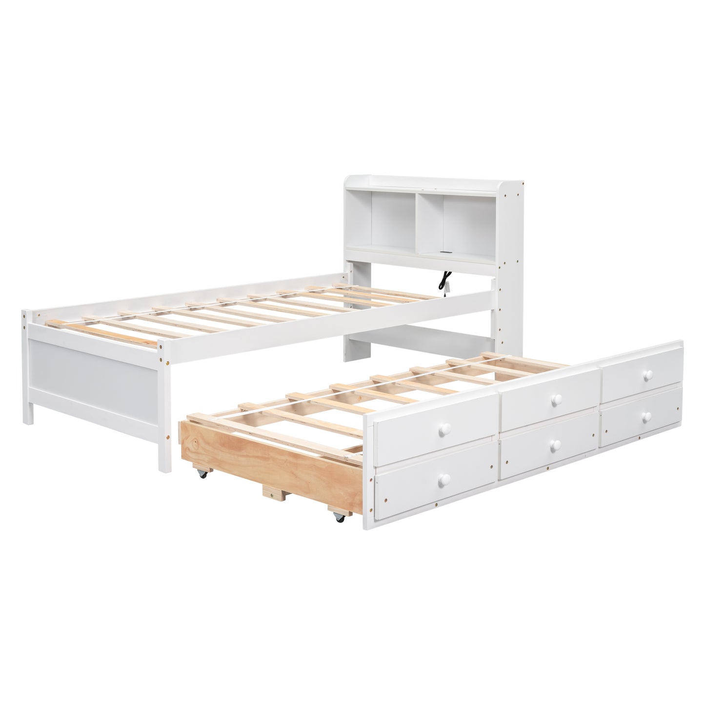 Twin Size Bed with  built-in USB ,Type-C Ports, LED light, Bookcase Headboard, Trundle and 3 Storage Drawers, Twin Size Bed with  Bookcase Headboard, Trundle and Storage drawers  ,White