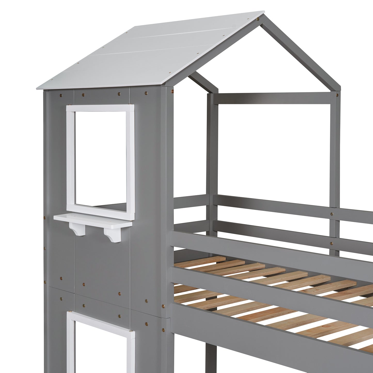 Twin Over Twin Playhouse Bunk Bed with Pitched Roof and Window (White)