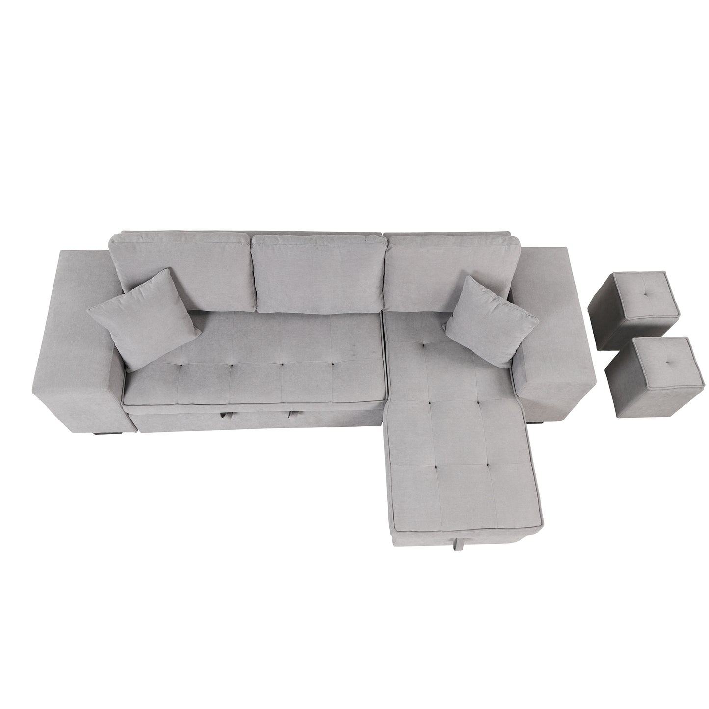 Gray L-Shape Sleeper Sectional Sofa with Storage Chaise and 2 Stools