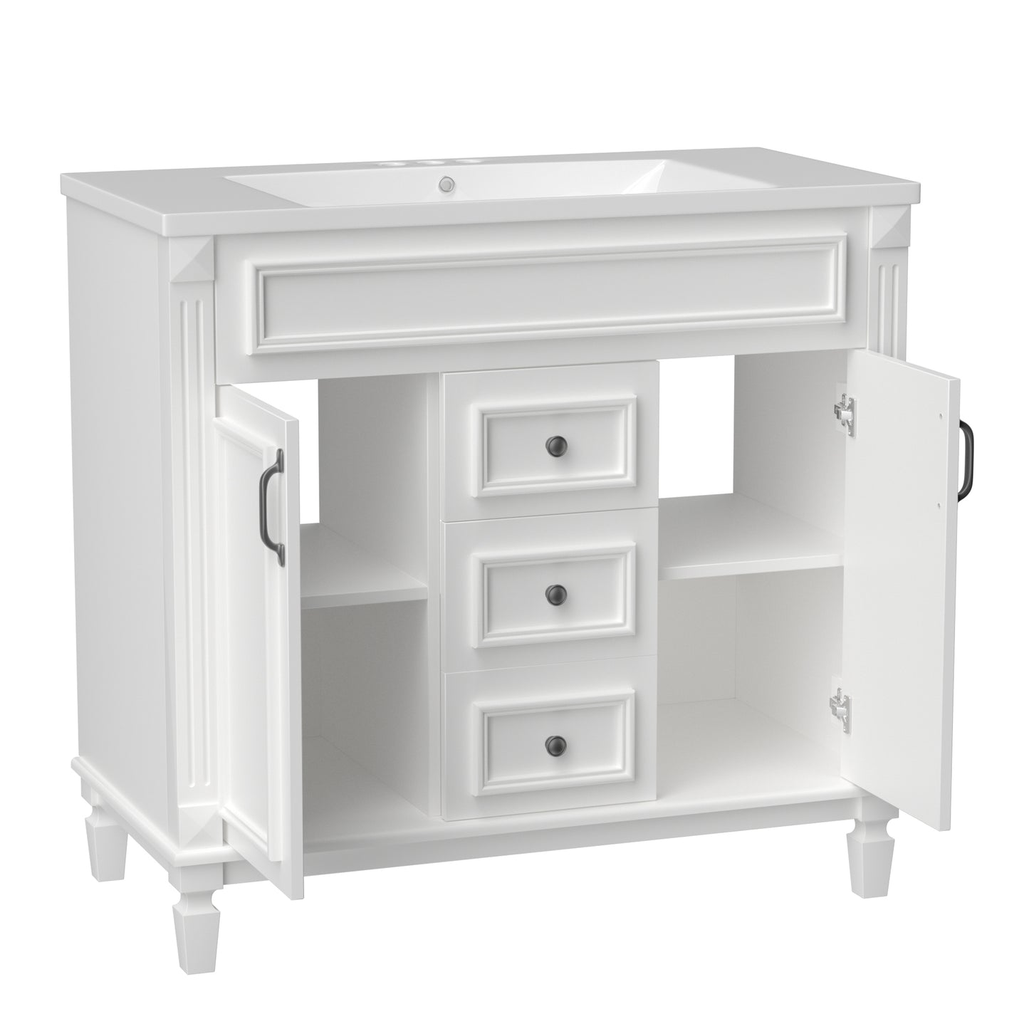 36'' Bathroom Vanity with Top Sink, White Mirror Cabinet, Modern Bathroom Storage Cabinet with 2 Soft Closing Doors and 2 Drawers, Single Sink Bathroom Vanity