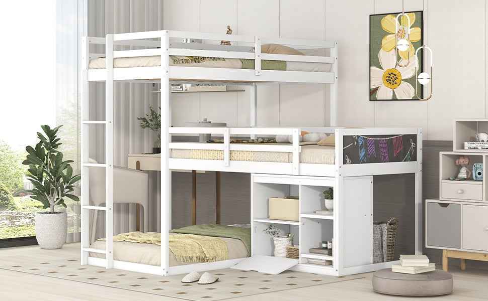 L-Shaped Triple Bunk Bed with Storage Cabinet, Blackboard, and White Finish - Innovative Space-Saving Solution