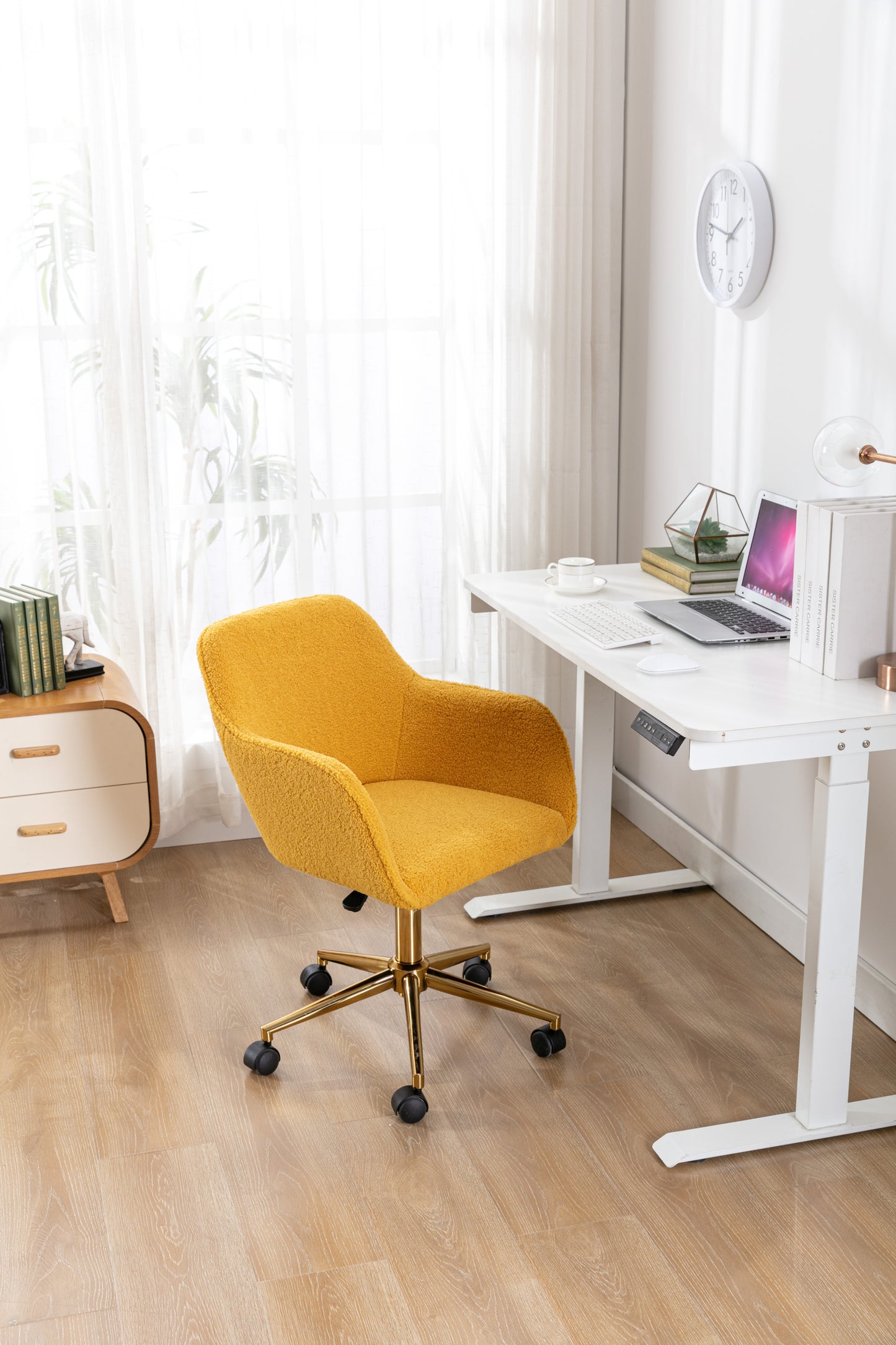 Modern Teddy Fabric Material Adjustable Height 360 Revolving Home Office Chair With Gold Metal Legs And Universal Wheel For Indoor,Yellow