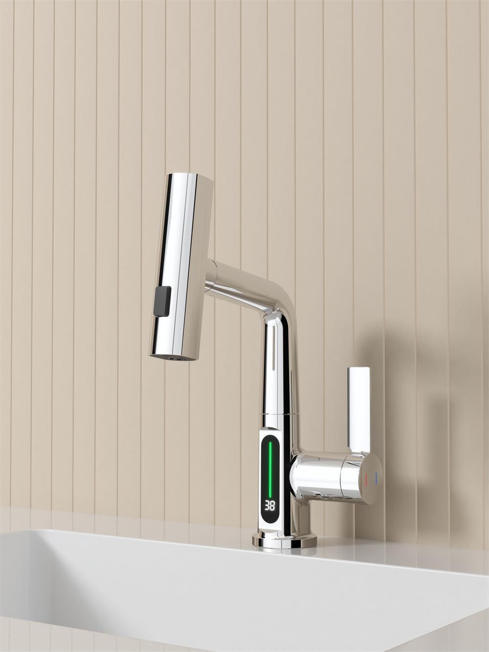 LED Temperature Display Basin Faucet with Pull-Out Lift and Waterfall Spout