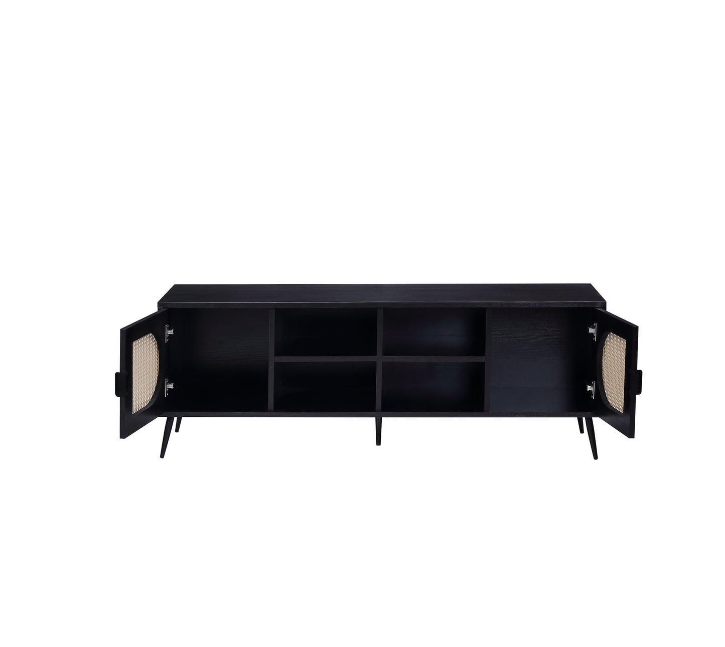 Colson TV Stand in Black - Modern Media Console with Rattan Door Front Inserts