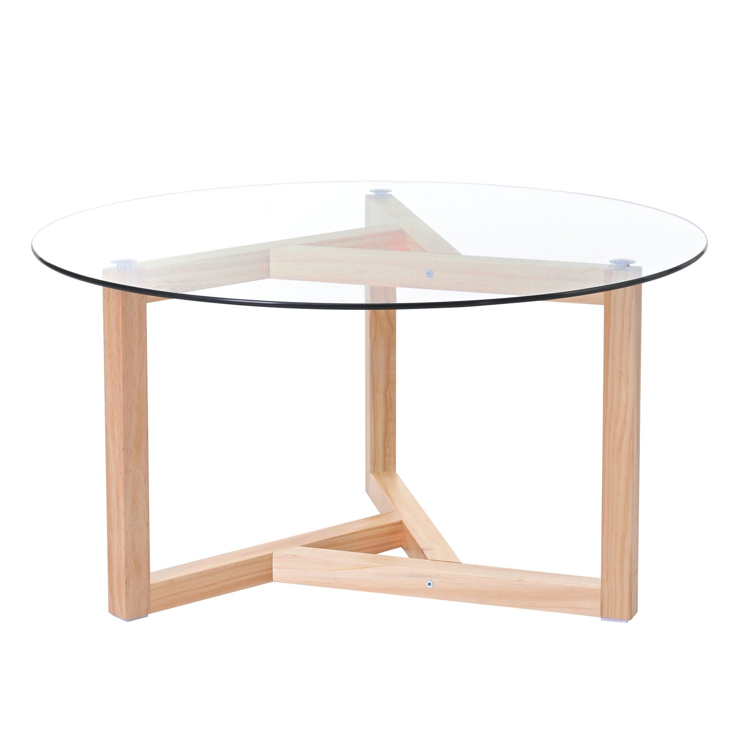 Modern Round Glass Coffee Table with Wood Base - Natural