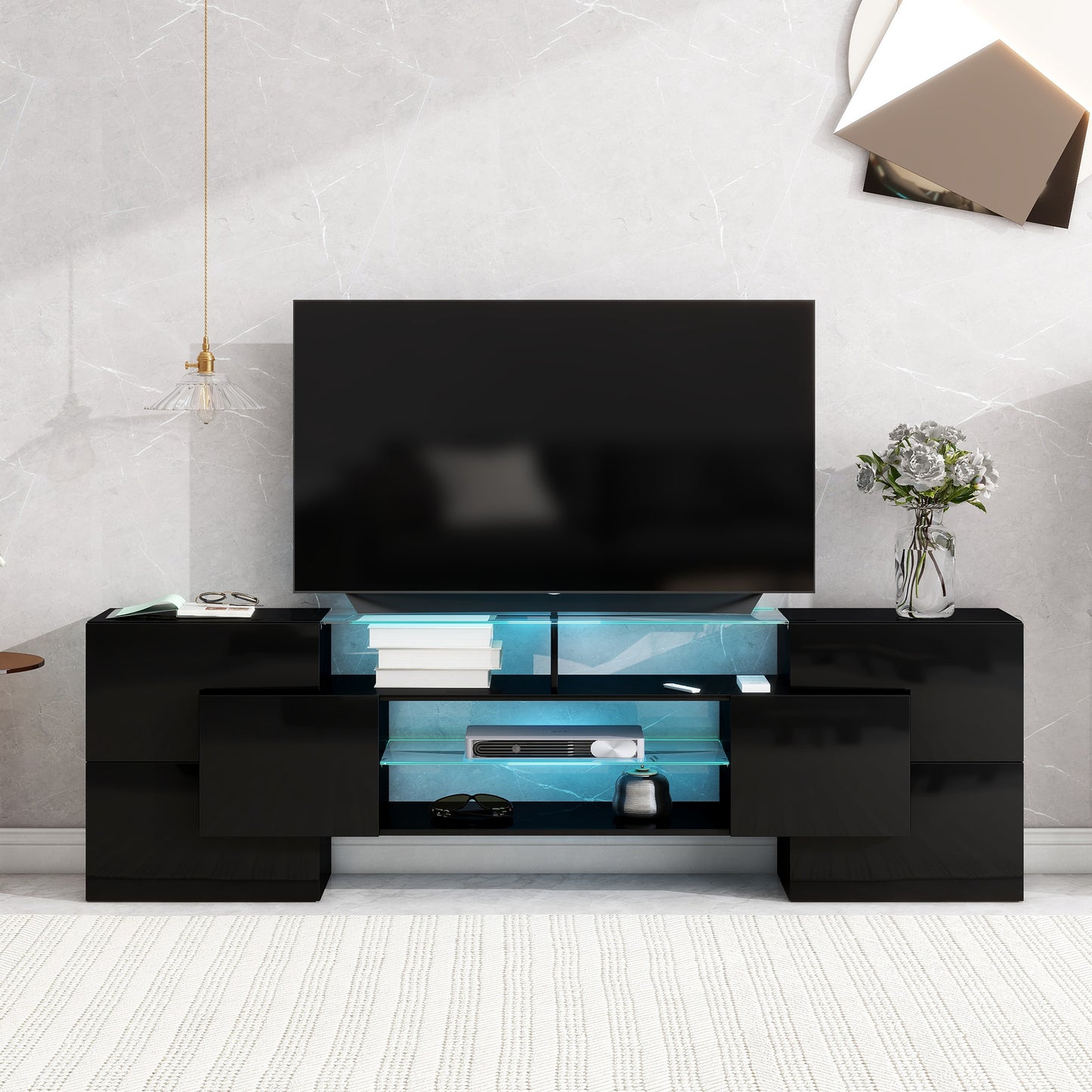 Black High Gloss TV Stand with LED Glass Shelves for TVs Up to 80