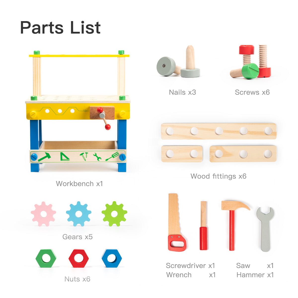 Kids' Solid Wood Tool Workbench Toy with Colorful Accessories