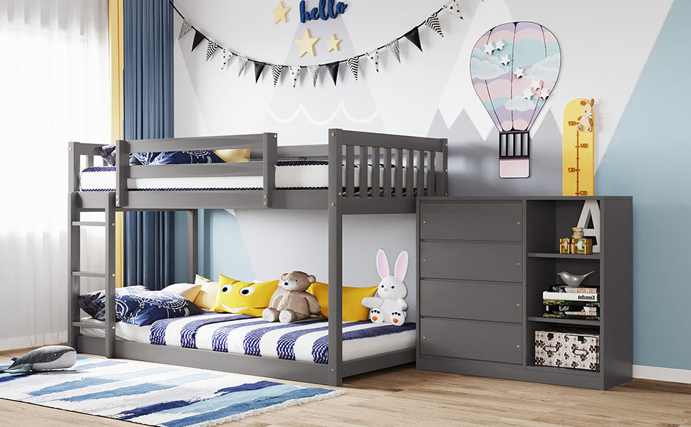 Space-Saving Gray Twin Bunk Bed with Storage and Built-in Shelves for Twin over Twin Configuration