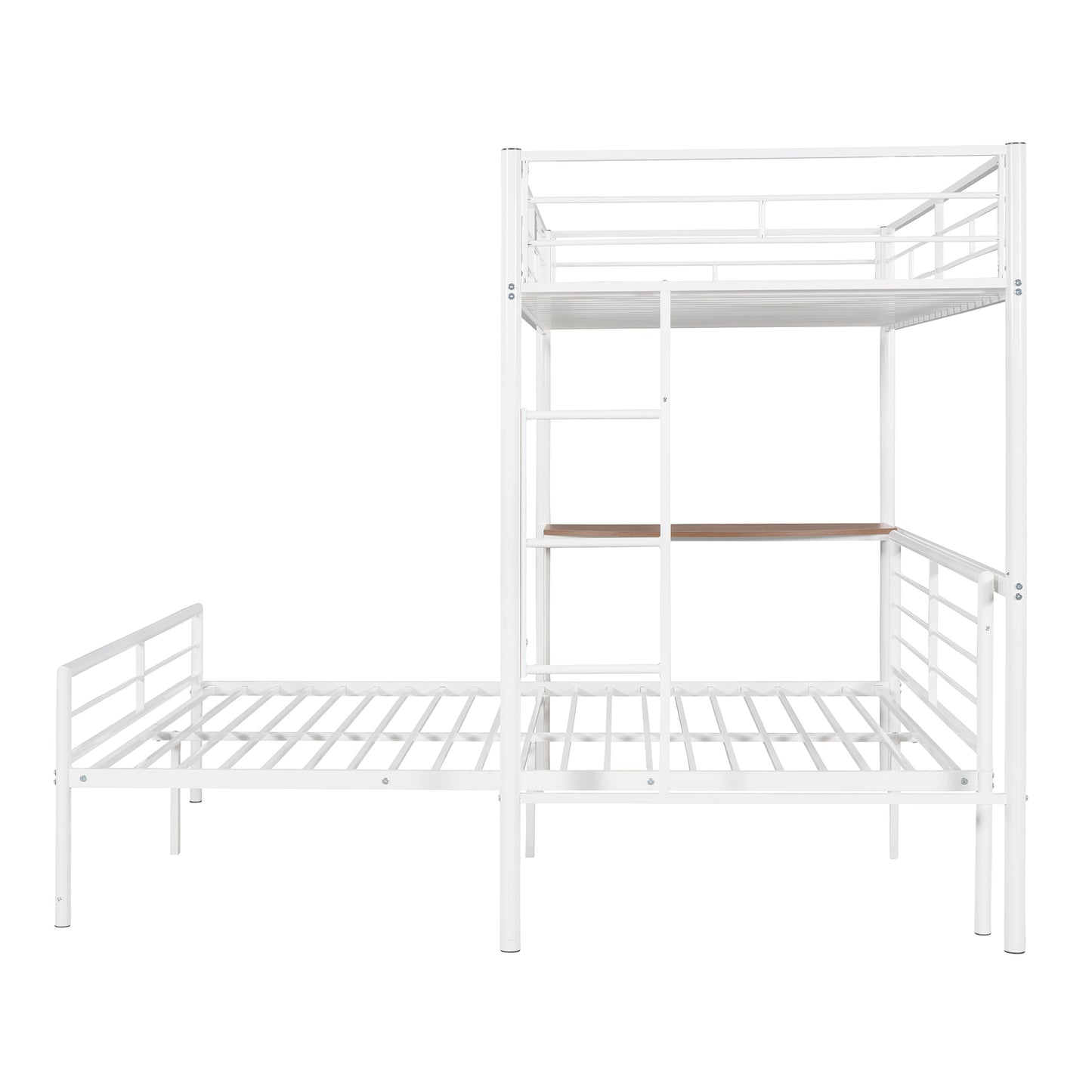 Metallic White Twin Over Full Bunk Bed with Desk and Ladder