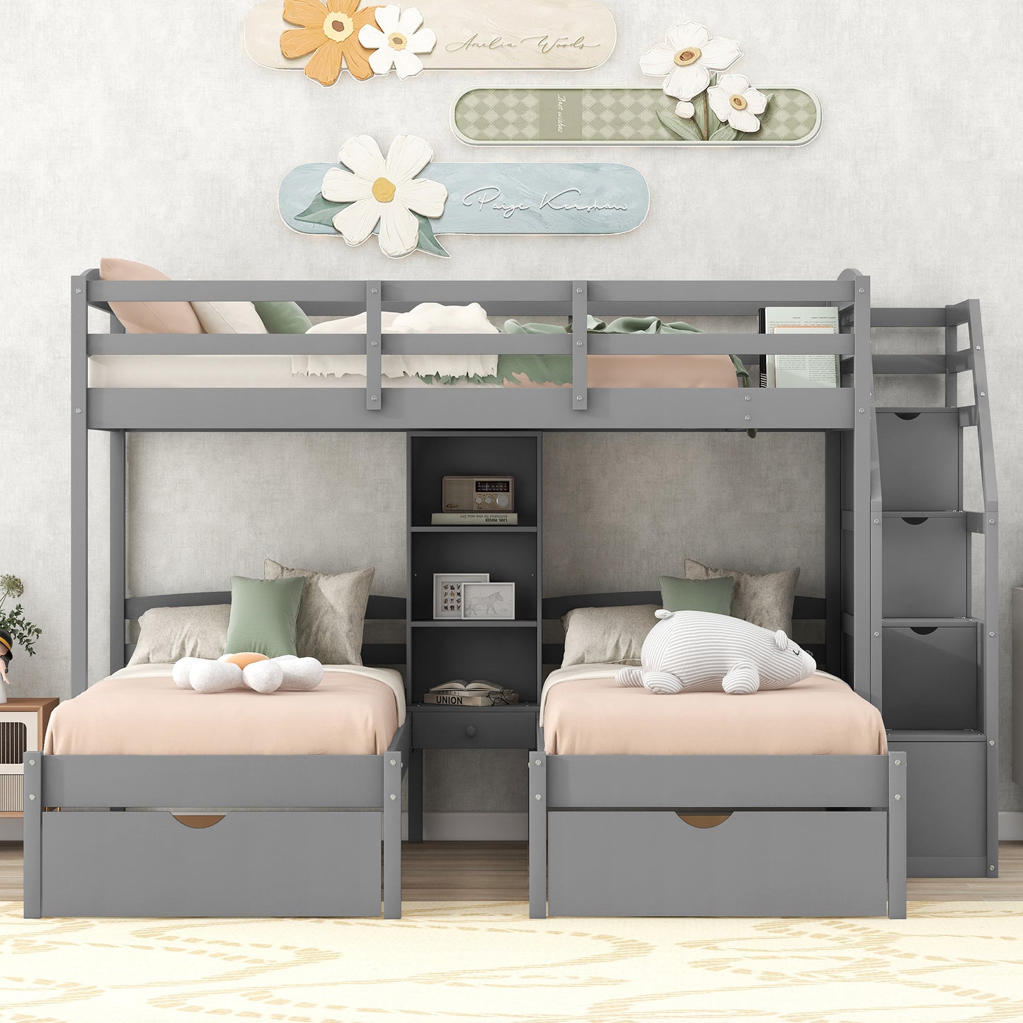 Gray Triple Bunk Bed with Storage Drawers, Staircase, and Built-in Shelves