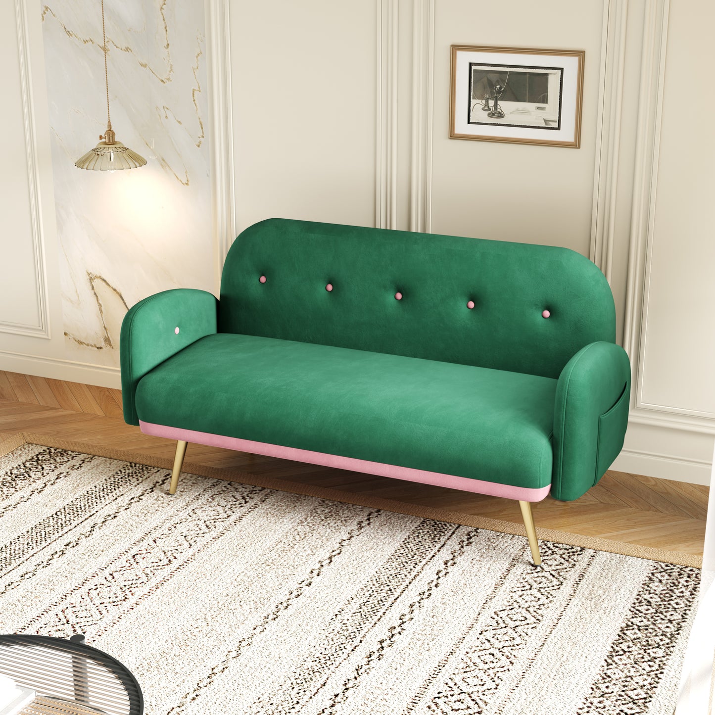 58 Green Velvet Sofa with 2 Pillows for Small Spaces