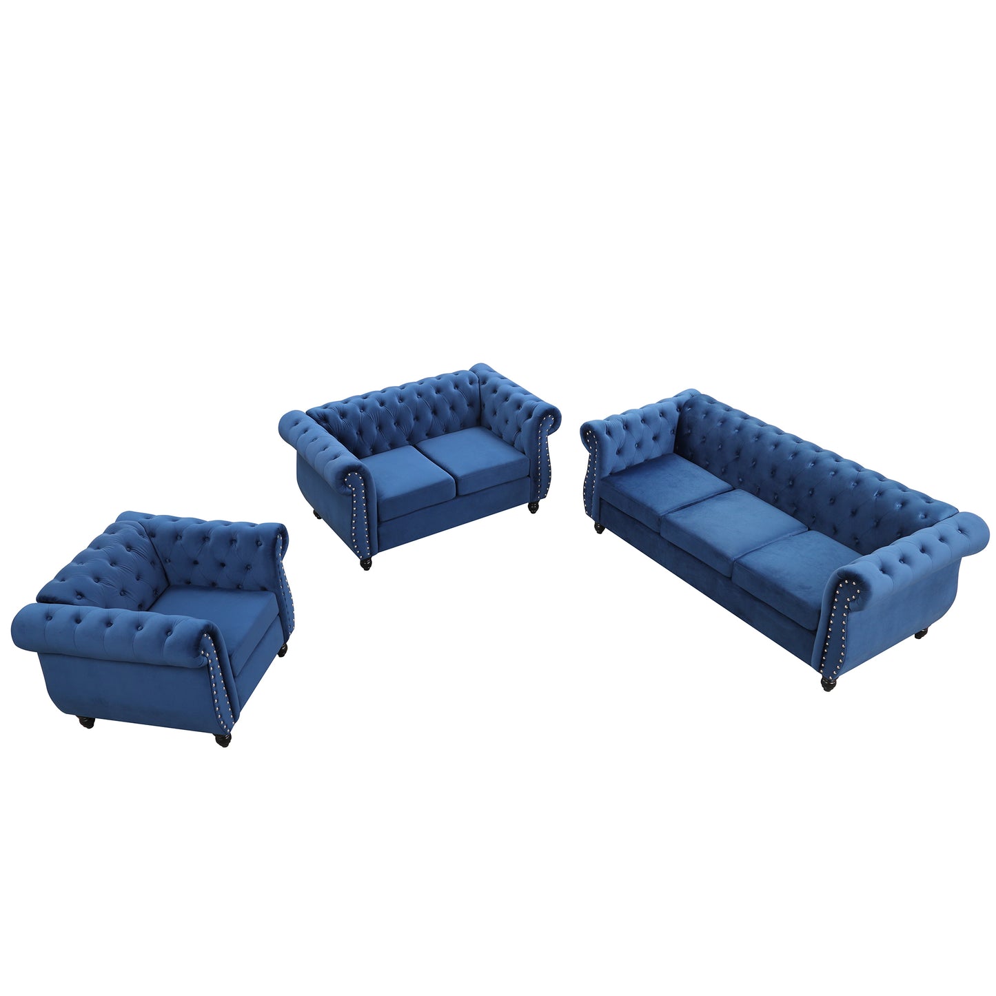 Modern three-piece sofa set with solid wood legs, button-down tufted backrest, Dutch velvet upholstered sofa set including three-seater sofa, two-seater and living room furniture set Single chair