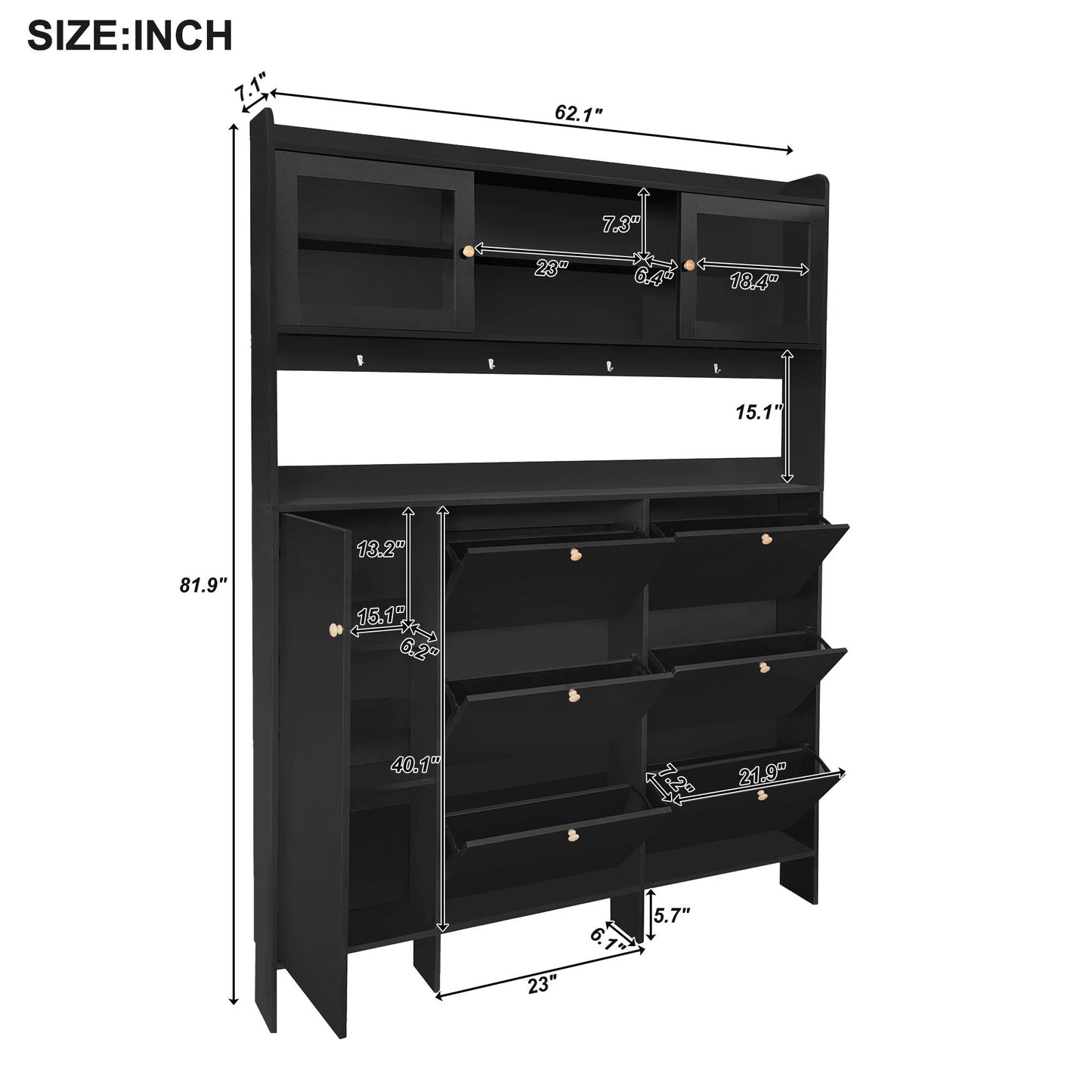 Multifunctional Shoe Cabinet with Storage Shelf & 6 Flip Drawers, Modern Large Hall Tree with Tempered Glass Doors, Elegant Foyer Cabinet with 4 Hooks for Hallway, Black