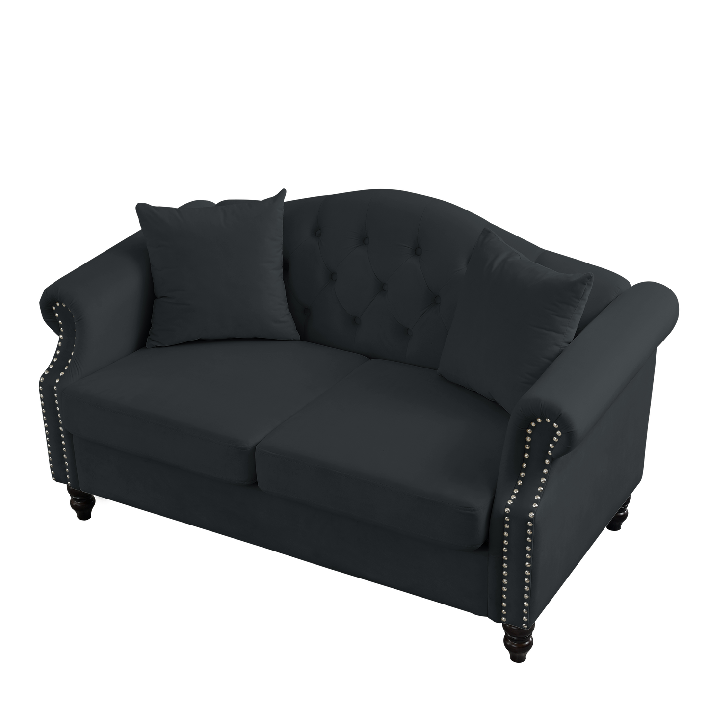 Black Velvet 2-Seater Chesterfield Sofa with Rolled Arms